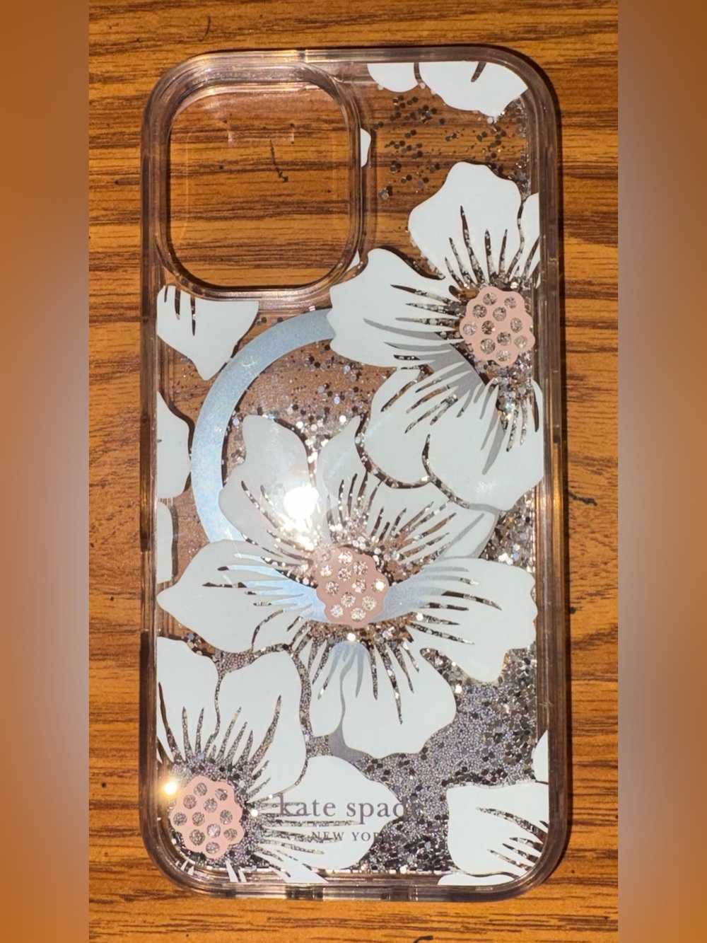 Kate Spade White Floral Glitter Liquid iPhone 16 Case with Pink Accents